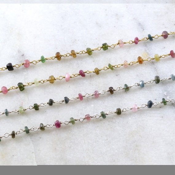 Dainty Tourmaline Gemstone Rosary Beaded Wire Wrapped Chain Sterling Silver or Vermeil  / Sold by the Foot / Bulk Unfinished Chain /