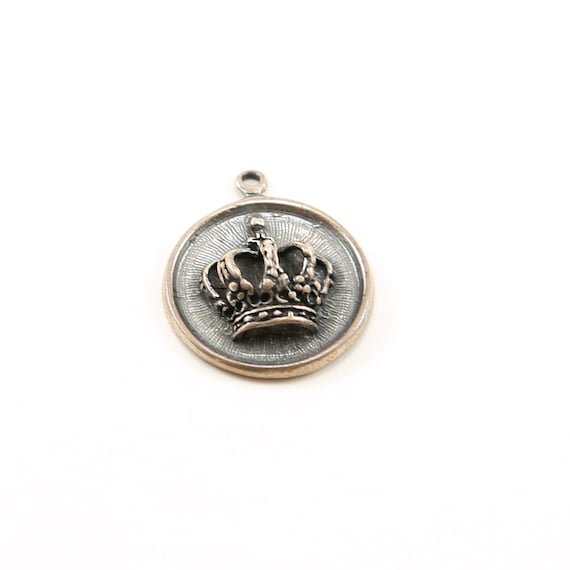 Large Sterling Silver Crown Circle Medallion Coin Crown 3D with Tiny Cross Royal Charm