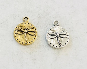 Pewter base metal dragonfly raised coin charm insect nature spring pendant
