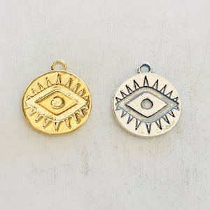 Evil Eye Disc Charm Münze Sterling Silber oder Vermeil Gold Religiös, Schutz Charm, Glück, Gesundheit 15mm x 14mm