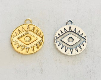 Mal de ojo disco encanto moneda plata de ley o oro vermeil religioso, encanto de protección, buena fortuna, salud 15 mm x 14 mm