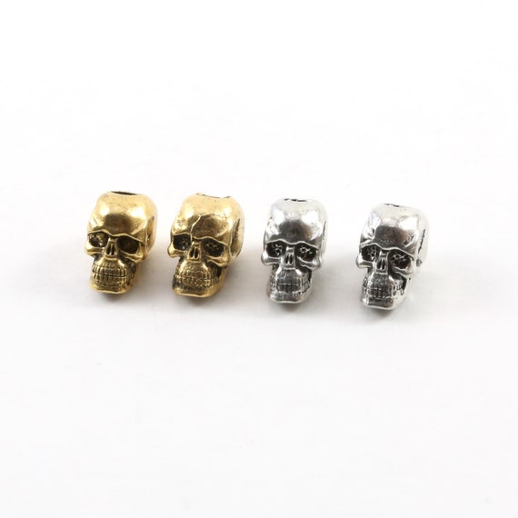 2 Pieces Pewter Grinning Skull Bead Vertical Hole Pendant Halloween Skeletons Day of the Dead Charm in Antique Gold, Antique Silver