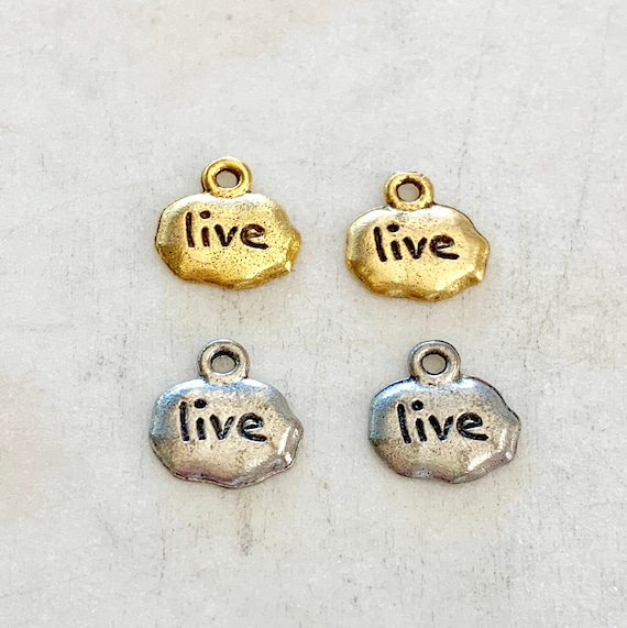 2 Pieces Pewter Base Metal  Small Wide Stamped With Live Charm Pendant Inspirational Charm Antique Gold, Antique Silver