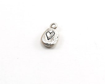 Organic Shaped Thick Stamped Heart Oval Tag Charm in Sterling Silver Sturdy Heart Love Pendant