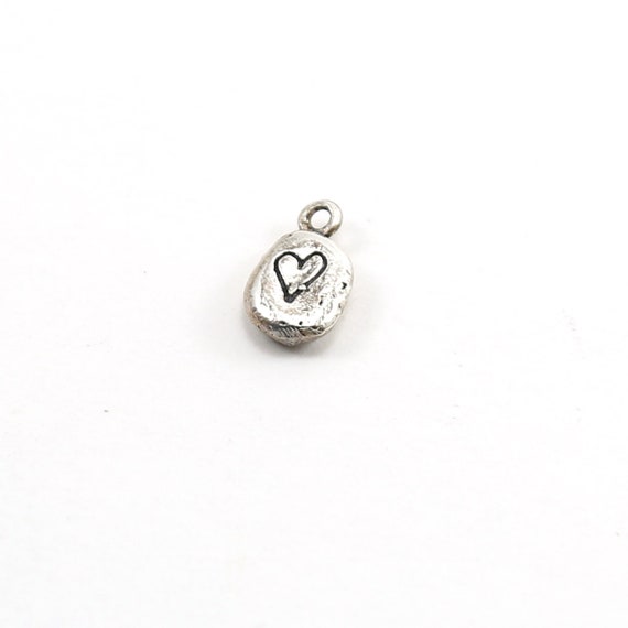 Organic Shaped Thick Stamped Heart Oval Tag Charm in Sterling Silver Sturdy Heart Love Pendant