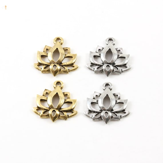 2 Pieces Pewter Open Lotus Nature Pendant Healing Spiritual Mantra Buddha Yoga Charm Pendant Antique Gold, Antique Silver