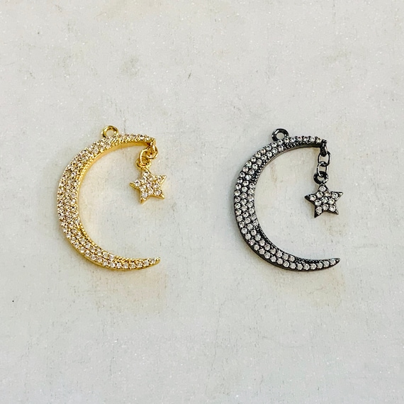 Large CZ Crescent Moon Cubic Zirconia Rhodium Plated Pave Charm In Gold or Gunmetal  With a Hanging Star Charm Celestial Unique Charm