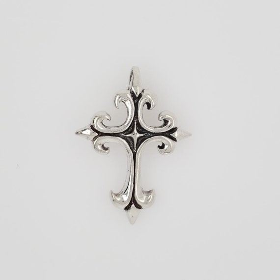 Sterling Silver Large Thick Sturdy Fleur De Lis Detailed Medieval Style Cross Charm Pendant Religious Spiritual Catholic Pendant