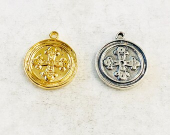 Medieval cross coin medallion wax seal disc double sided charm vermeil or sterling silver pendant religious rosary catholic charm pendant