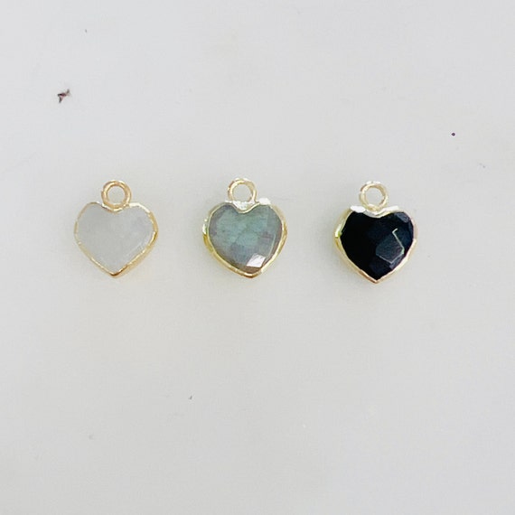 Dainty Mini  Heart Gemstone Charm Choose Your Stone Rainbow Moonstone, Labradorite, or Onyx  Heart Love Crystal Charm Jewelry Making Charms