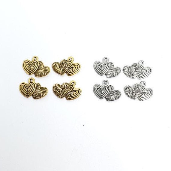 4 Pieces Double Heart Charm, Love, Antique Gold, Antique Silver Pendant, charms, 2 sided heart