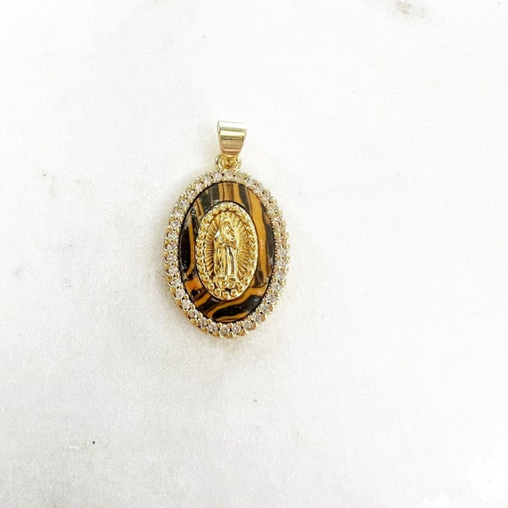 Detailed Mother Mary Faux Tigers Eye Cubic Zirconia Pave Religious Charm Gold Plated Mother Mary Religion Pendant Jewelry Making Supply