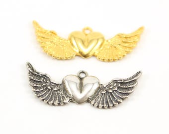 Large Heart with Detailed Wing Charm Vermeil or Sterling Silver Valentine's Day Love Friendship Charm
