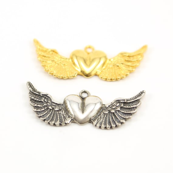 Large Heart with Detailed Wing Charm Vermeil or Sterling Silver Valentine's Day Love Friendship Charm