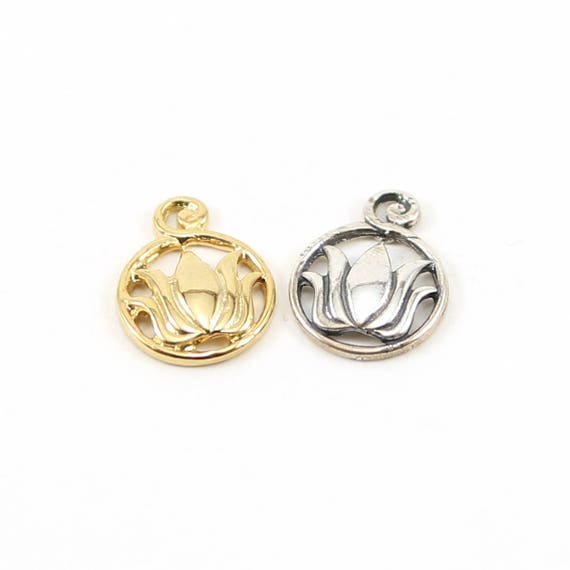 Lotus Outline in Round Circle Charm in Sterling Silver or Vermeil Gold Healing Spiritual Mantra Buddha Yoga Charm Pendant