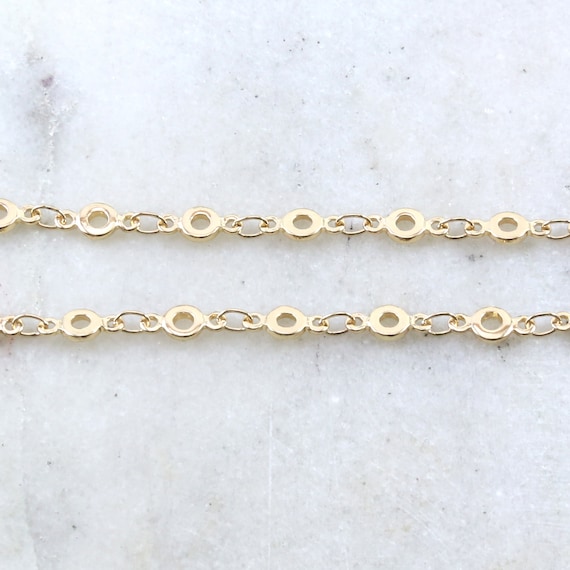 Base Metal Shiny Gold Round Open Circle 9mm x 4mm Dainty Flat Oval Extender Link Chain / Chain by the Foot