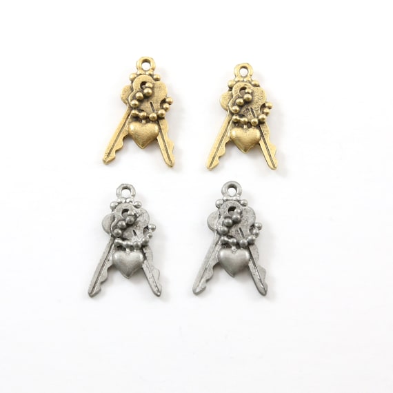 Pewter Double Key with Chain Charm Best Friend Charm Jewelry Making Supplies Necklace Pendant Antique Gold, Antique Silver