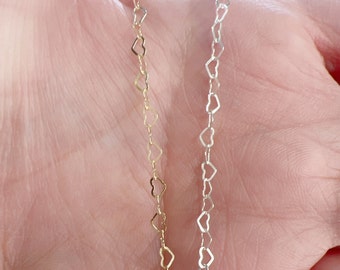 Dainty 14K Gold Filled or Sterling Silver Flat Heart Cable Chain Permanent Jewelry Sold by the Foot/ Bulk Unfinished