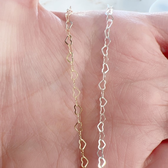 Dainty 14K Gold Filled or Sterling Silver Flat Heart Cable Chain Permanent Jewelry Sold by the Foot/ Bulk Unfinished