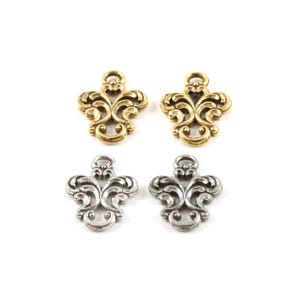 2 pieces fancy fleur de lis 2 loop connector charm earring component pewter necklace charm 12mm x 20mm antique gold or antique silver