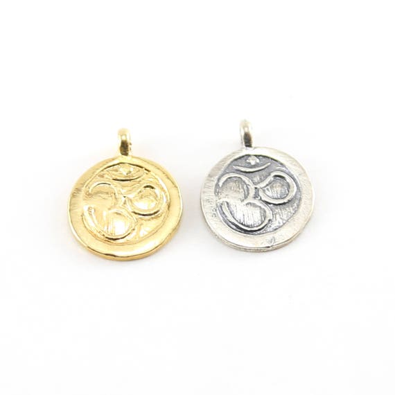 Round Ohm Stamped Charm Pendant in Sterling Silver and Vermeil Gold