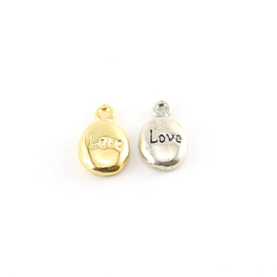 Love Stamped Rounded Oval Charm in Sterling silver and Vermeil Gold Friendship Mom Sister Pendant