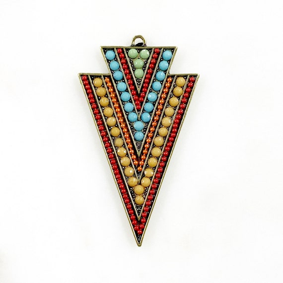 Large Base Metal Colorful Crystal Beaded Triangle Tribal Bohemian Pendant Jewelry Making Charm