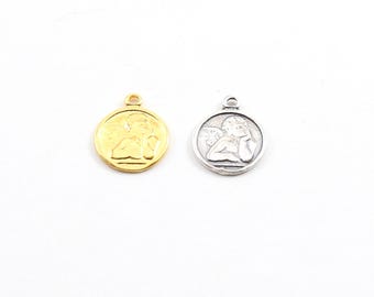 Dainty angel coin little disk charm sterling silver or vermeil gold cherub with wings religious 11mm x 14 mm