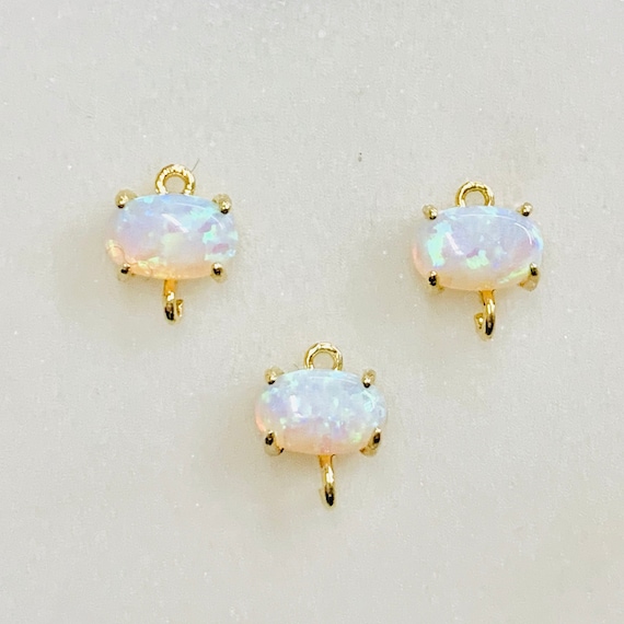 1 Piece Tiny Oval Opal Connector Gold Plated Dainty Bezel 7mm x 5mm Gold Rimmed Gemstone Connector