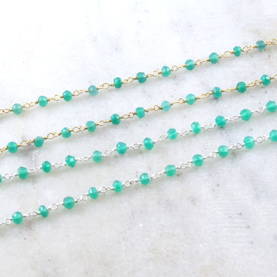 Dainty Green Onyx Gemstone Rosary Beaded Wire Wrapped Chain Sterling Silver or Vermeil  / Sold by the Foot / Bulk Unfinished Chain /