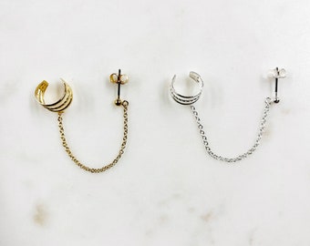 1 Pair Plated Silver or Gold Metal Earring Cuff with Attached Chain