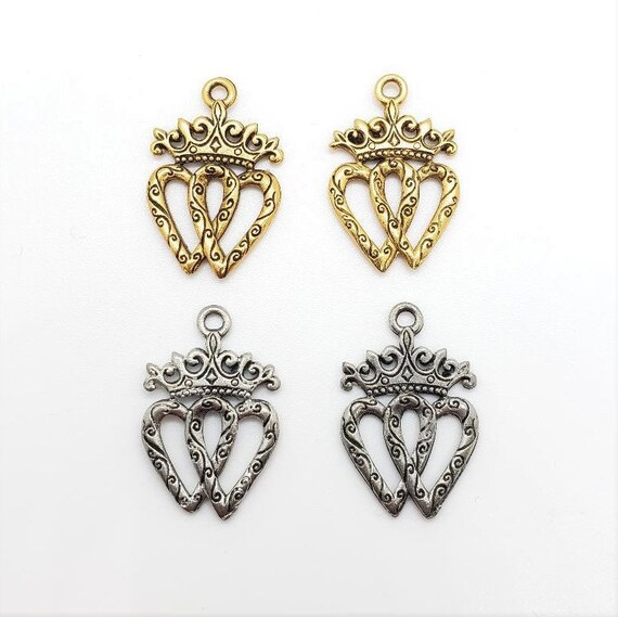 2 Pieces Pewter Interlocking Hearts with Crown Charm, Jewelry Making Supplies ,Necklace, Pendant, Antique Gold, Antique Silver