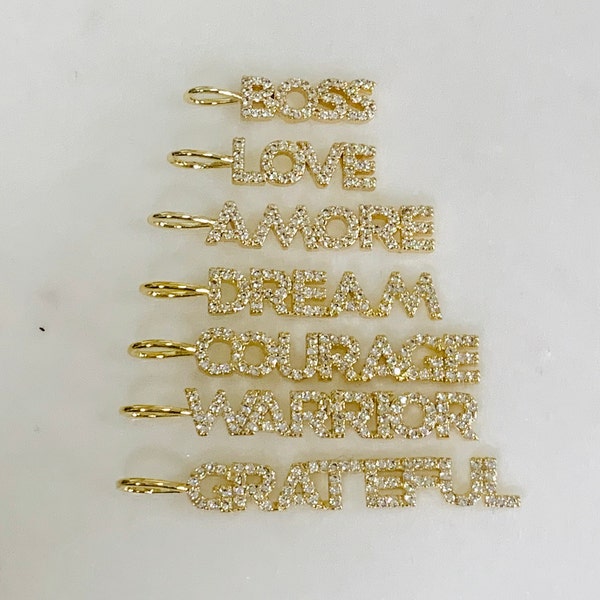 Gold Plated Pave  CZ Boss,  Love, Amore, Dream, Courage, Warrior, or Grateful Block Letters CZ Inspiration Pendant