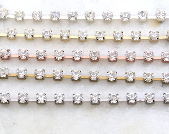Base Metal Clear Preciosa Rhinestone Chain in Gold, Silver, Antique Brass, Antique Copper, Gunmetal / Chain by the foot / Choose your Color