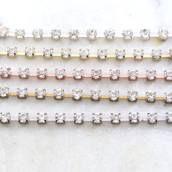 Base Metal Clear Preciosa Rhinestone Chain in Gold, Silver, Antique Brass, Antique Copper, Gunmetal / Chain by the foot / Choose your Color