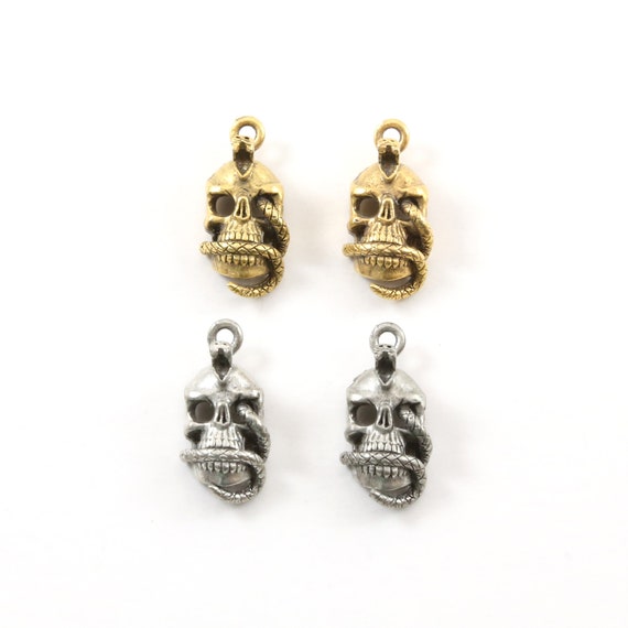 2 Pieces Pewter Snake Skull Punk Pirate Skull Charm Pendant Halloween Skeletons Day of the Dead Charm in Antique Gold, Antique Silver