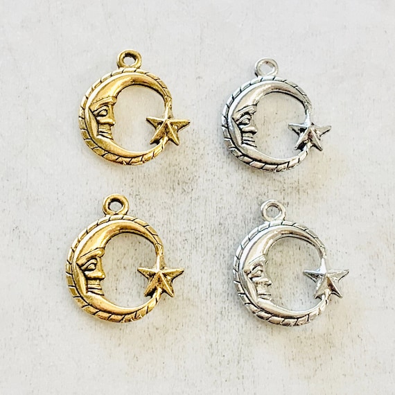 2 Pieces Pewter Crescent Moon and Attached Star Charm Celestial Pendant Antique Gold, Antique Silver