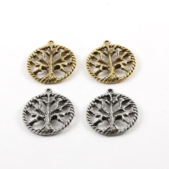 2 Pieces Large Tree of Life Silhouette Family Oak Tree Pewter Pendant Nature Coin Circle Medallion Charm Antique Silver, Antique Gold