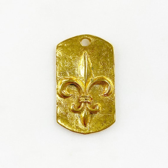 Vermeil Fleur De Lis Dog Tag Charm Gold Classic Decorative Hammered Jewelry Making Charm