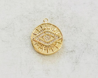 Gold plated cz evil eye coin medallion round charm cubic zirconia protector charm pendant