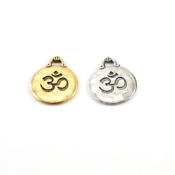 Om Ohm Stamped Embossed Circle Round Coin with Pretty Loop Pewter Base Metal Charm Pendant Religious Spiritual Buddhist