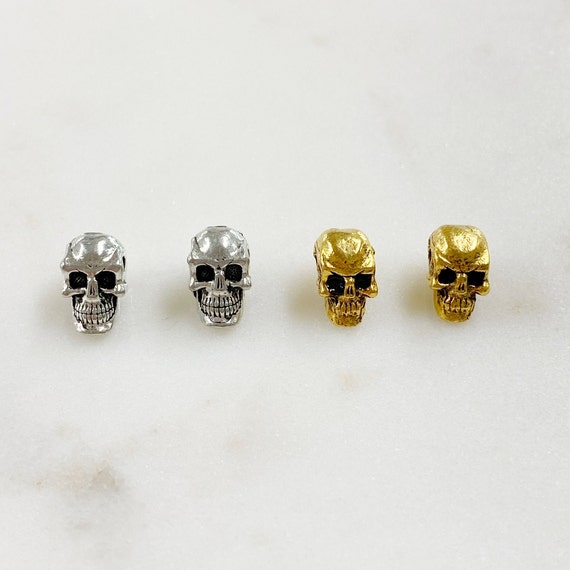 2 Pieces Pewter Small Skull Head Bead Horizontal Hole Pendant Halloween Skeletons Day of the Dead Charm in Antique Gold, Antique Silver