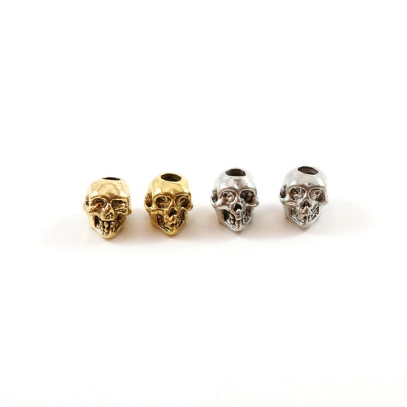 2 Pieces Pewter Small Skull Head Bead Vertical Hole Pendant Halloween Skeletons Day of the Dead Charm in Antique Gold, Antique Silver