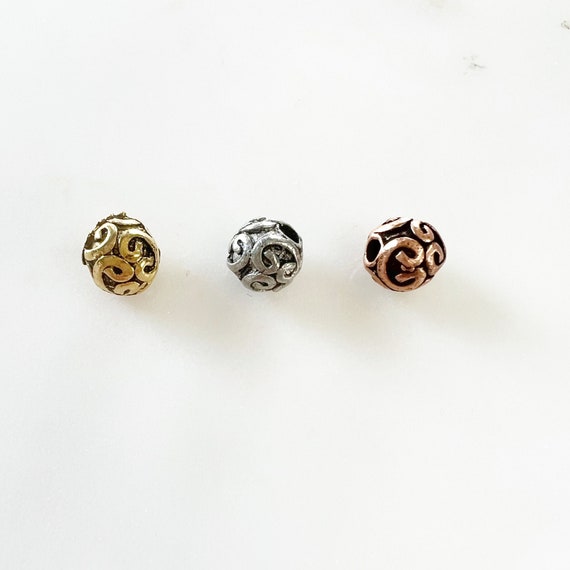 2 Pieces Decorative Small Swirl Detail Pewter Metal Round Beads in Antique Gold, Antique Silver, or Antique Copper Jewelry  Making Supply