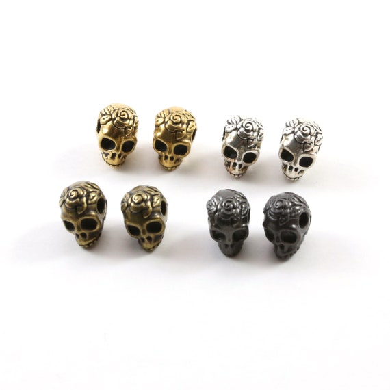 2 Pieces Pewter Pretty Skull with Roses Bead Charm Halloween Skeletons Day of the Dead Charm in Antique Gold, Antique Silver