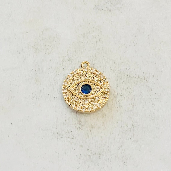 Round Blue Crystal Evil Eye Charm Pendant Evil Eye Coin Gold Plated CZ Drop Charm Pendant Cubic Zirconia Protection Charm