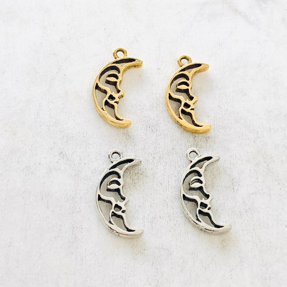 2 Pieces Pewter Base Metal Thick Cut Out Crescent Moon Celestial Charm Silhouette Moon Charm Pendant Antique Gold, Antique Silver