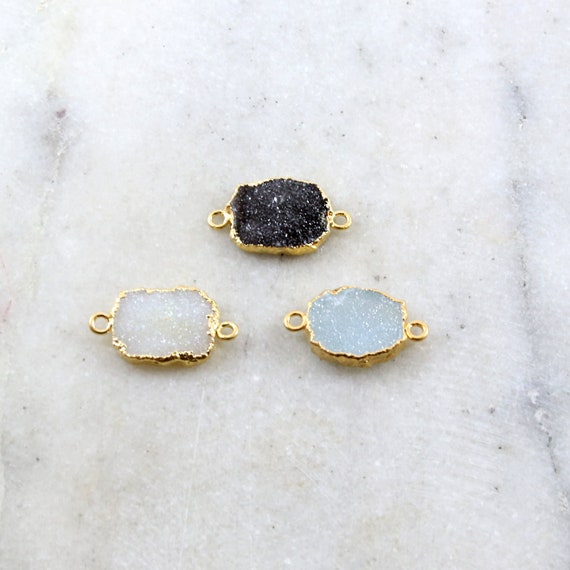 1 Piece Sparkling Unique Organic Shape Druzy Connector Link 2 Loops Charm / Gold Plated / Choose your Druzy Color / Black, White, Blue Druzy