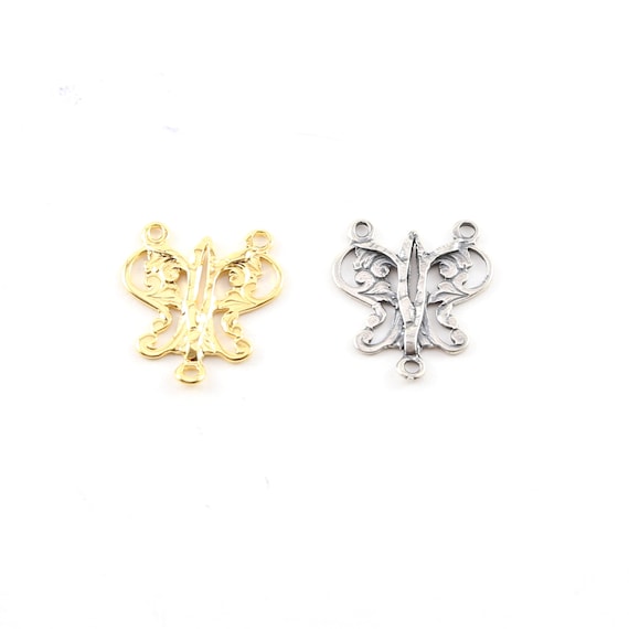 Fancy Butterfly Y Connector Link Necklace Rosary Charm in Sterling Silver and Vermeil Gold