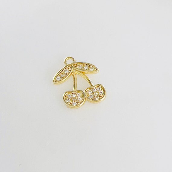 Cute Gold Plated Cubic Zirconia Cz Pave  Cherries Cherry Charm Juicy Fruit Charm Cute  Charm Food Pendant